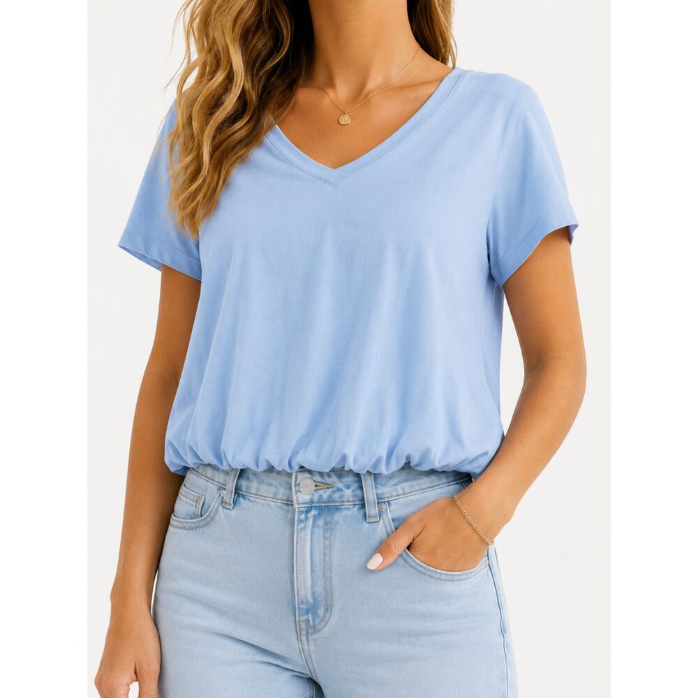 Moon Ryder Bubble Hem V-Neck Tee Medium Skyway Blue 100% Cotton NWT Boho